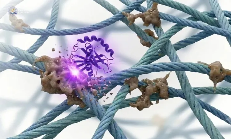 Mô phỏng enzyme CMLase phá vỡ hợp chất gây lão hóa (màu nâu) bám vào protein. Ảnh: Revel Pharmaceuticals