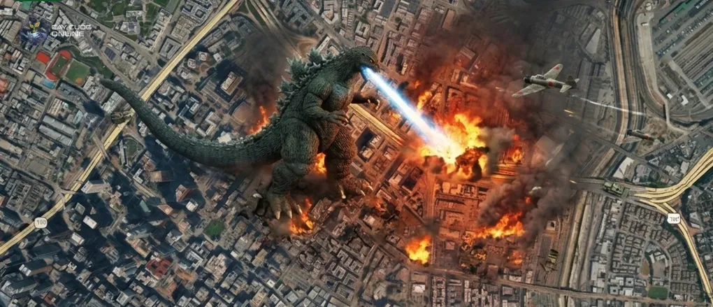 Ảnh quái vật tấn công thành phố Los Angeles được tạo bằng AI trên Google Earth. Ảnh: Business Insider
