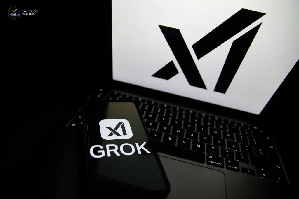 The Grok logo appears on a phone and the xAI logo is displayed on a laptop.