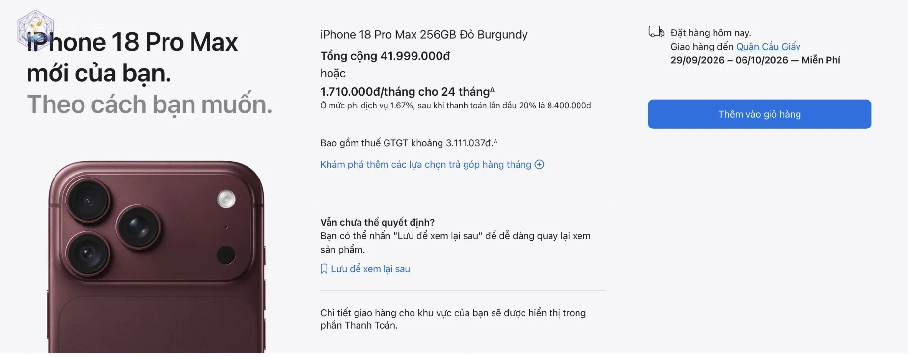 Thời gian giao hàng iPhone 18 Pro Max màu đỏ 256 GB chuyển từ 18/9 sang 29/9, khi người dùng đặt hàng trên Apple Store Online Việt Nam, lúc 19h10. Ảnh chụp màn hình